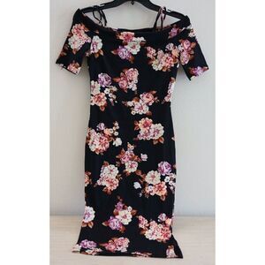 Haute Monde Women's Sz Small Black Floral Cold Shoulder Sheath Midi Dress